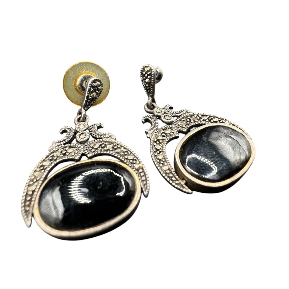 925 Sterling Silver Marcasite Reversible Black Onyx Mother of Pearl Earrings - Picture 1 of 8